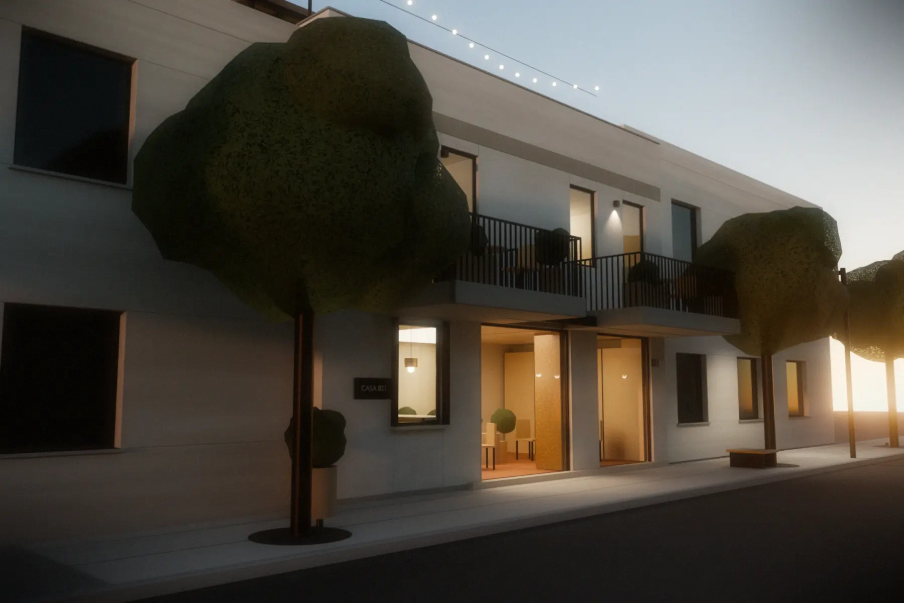 Render del edificio nuevo desde la calle Bustamante, al anochecer